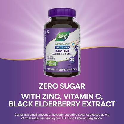Nature's Way Sambucus Zero Sugar Immune Gummies for Kids, Daily Immune Support*, Black Elderberry Extract, Vitamin C, Zinc, No Sugar Alcohols, Plant-Based Sweeteners, 70 Gummies