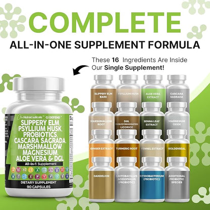 Clean Nutraceuticals Slippery Elm Psyllium Husk Pre Probiotic Digestive Gut Health Supplement with Aloe Vera Cascara Sagrada Marshmallow Root DGL Licorice Senna Extract