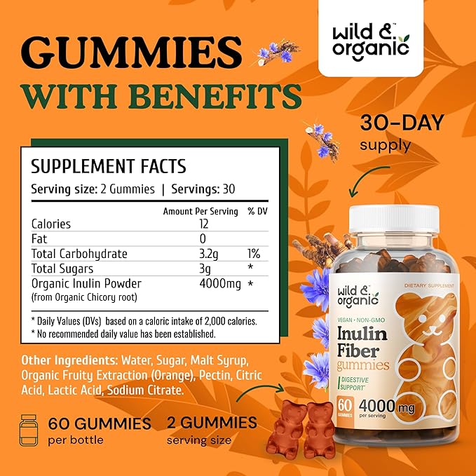 Wild & Organic Inulin Fiber Gummies 4000mg - Digestive Support w/Chicory Root - Soluble Fiber Supplement w/Inulin Powder - Prebiotics for Gut Support - 60 Prebiotic Gummies
