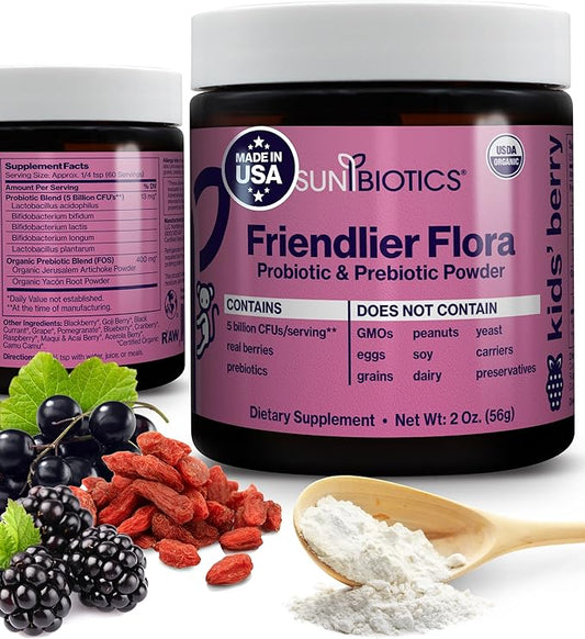 Friendlier Flora - Kids Prebiotic and Probiotic Powder Supplement with 5 Billion CFUs of 5 Probiotic Strains for Good Gut Flora, Immune System, & Balanced Microbiome - Berry, 2 Ounce