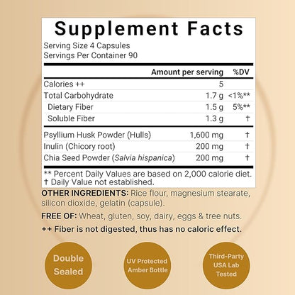 NatureBell Psyllium Husk Capsules 2,000mg Per Serving, 360 Count, with Inulin & Chia Seed – Soluble Fiber for Digestion – Plant Based Herbal Fiber Supplement, Non-GMO, Gluten Free