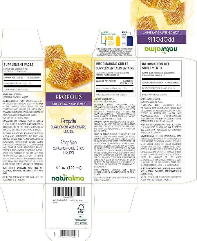 Naturalma Propolis (Propolis) Resin Alcohol-Free Tincture - 4 fl oz Liquid Extract in Drops - Dietary Supplement
