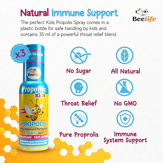 Beelife Bee Propolis Extract, Propolis Throat Spray for Kids – Propolis, Honey, Mallow, Pomegranate - Natural Immune Support & Sore Throat Relief, No Sugar - Blueberry Flavor - (35ml/ 3-Pack)