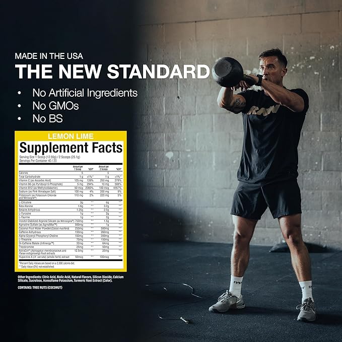 RAW Preworkout Powder, Thavage (Lemon Lime) - Chris Bumstead Sports Nutrition Supplement for Men & Women - Cbum Pre Workout for Working Out, Hydration, Mental Focus & Energy - 40 Servings