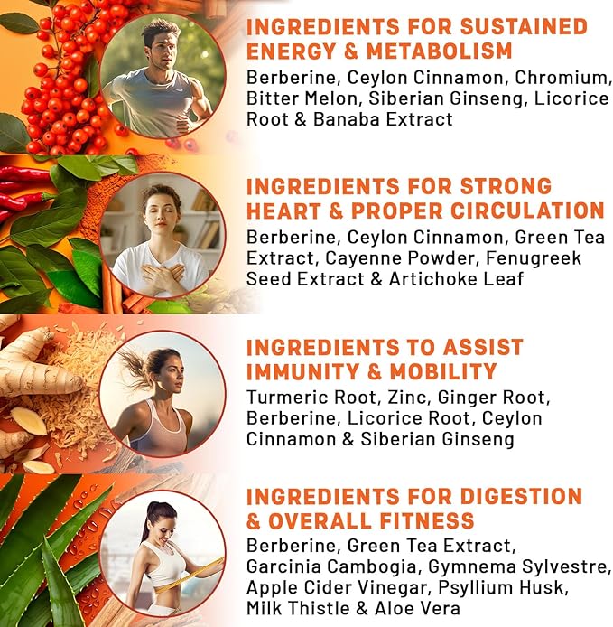 21-in-1 Berberine Supplement with Ceylon Cinnamon with Chromium, Bitter Melon and Green Tea Extract and Black Pepper Extract 5X for Energy & Metabolism Support with 5279 mg (120 ct, Pack of 4)