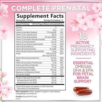 Women's Prenatal Multivitamin with Folic Acid + DHA, Essential Prenatal Vitamins with Folate, Omega 3, Vitamin D3, B6, B12 & Iron, Pregnancy Support Supplement for Mom and Baby - 60 Softgels