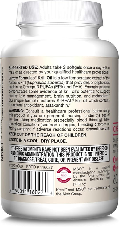 Jarrow Formulas Krill Oil - Phospholipid Omega-3 Complex with Astaxanthin - 60 Softgels - 30 Servings - Supports Lipid Management, Metabolism, Brain & Heart Health - EPA & DHA - Gluten Free - Non-GMO