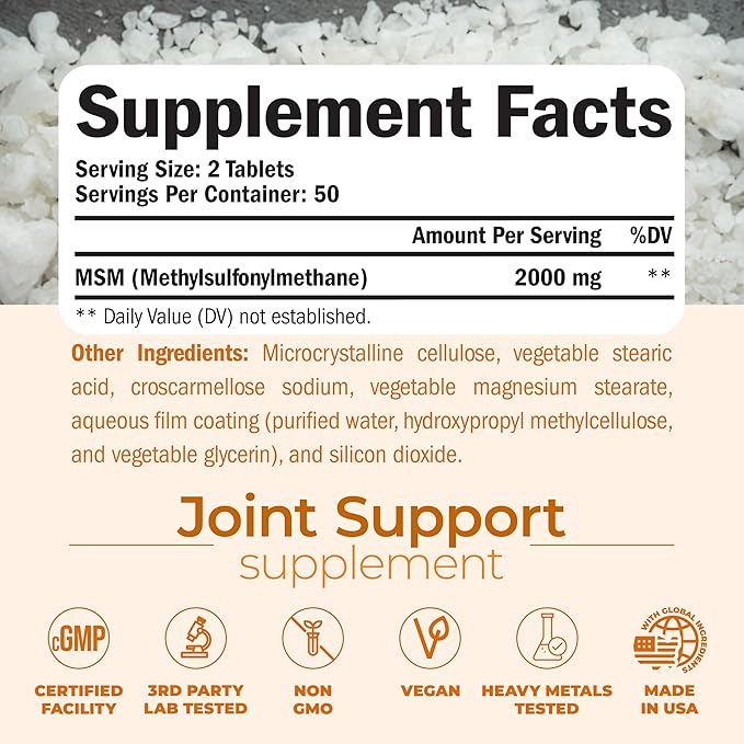 MSM 2000mg - Joint Support Supplement for Cartilage & Joint Health. Antioxidant Properties. Aids Inflammatory Response. Occasional Discomfort Relief - Back, Knees, Hands. Non-GMO. Vegan. 50 Day Supply