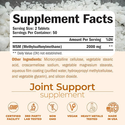 MSM 2000mg - Joint Support Supplement for Cartilage & Joint Health. Antioxidant Properties. Aids Inflammatory Response. Occasional Discomfort Relief - Back, Knees, Hands. Non-GMO. Vegan. 50 Day Supply