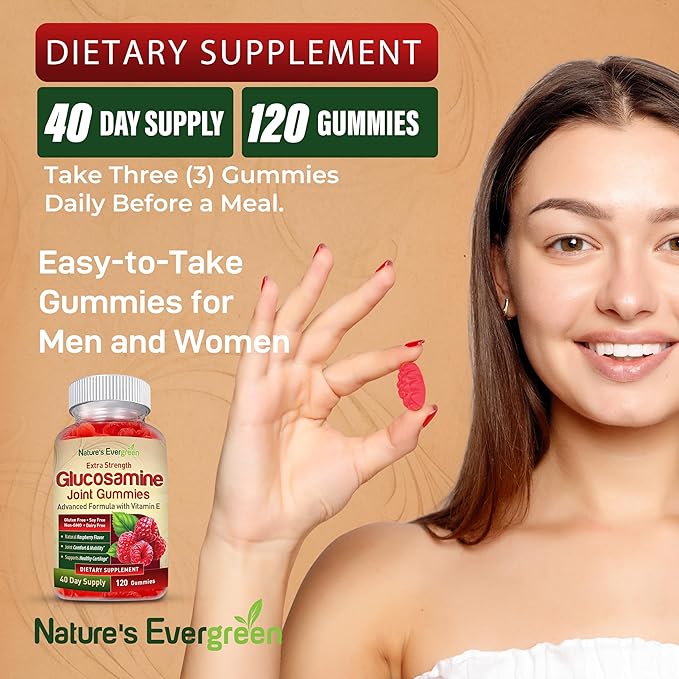 Extra Strength Glucosamine Joint Support Gummy Supplement | Natural Joint Health Support & Flexibility for Back, Knees, & Hands | Vitamin E for Immune Support for Women & Men | 120 Gummies
