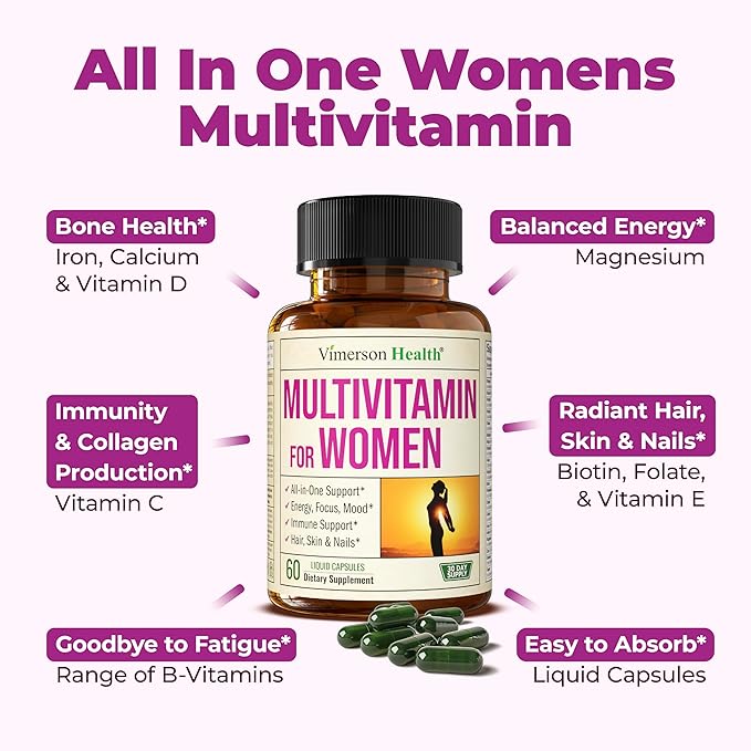 Multivitamin for Women - Daily Womens Multivitamin & Multimineral with Vitamin A, C, D, E, B12, Zinc, Iron. Essential Vitamins for Women for Energy, Focus, Hair Growth & Overall Health. 60 Liquid Caps