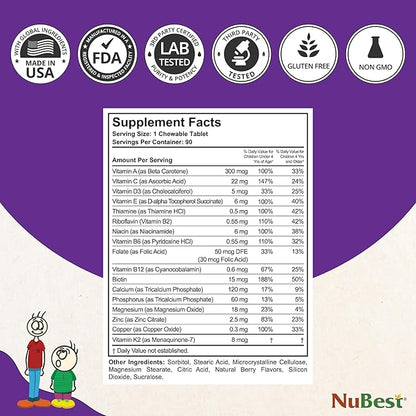 NuBest Tall Kids - Toddlers Vitamins and Kids Vitamins for Age 2 to 9 - Healthy Height Growth & Height Booster with Multivitamins & Minerals | 90 Chewable Tablets | 6 Pack