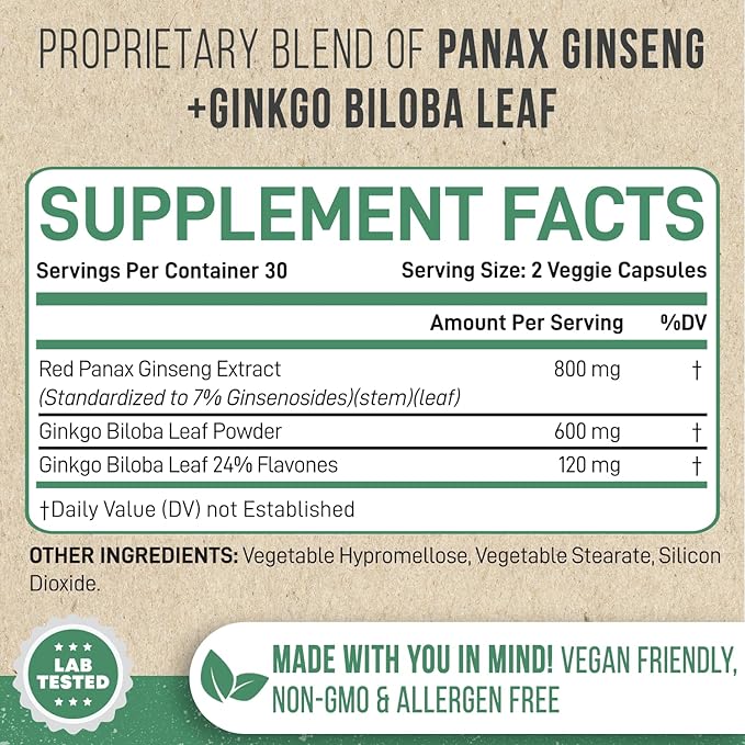 enliven Panax Ginseng & Ginkgo Biloba Supplement | Korean Ginseng Capsules for Immune Support & Stress Relief | 60 Count | Made in USA