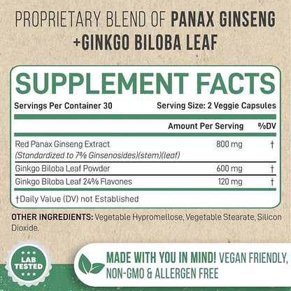 enliven Panax Ginseng & Ginkgo Biloba Supplement | Korean Ginseng Capsules for Immune Support & Stress Relief | 60 Count | Made in USA