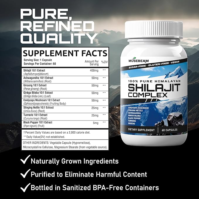 Himalayan Shilajit Capsules Men Women - Pure Himalayan Fulvic Acid Supplement Pills - Ashwagandha Turmeric Ginkgo Biloba Ginseng Cordyceps Mushroom Stinging Nettle Black Pepper