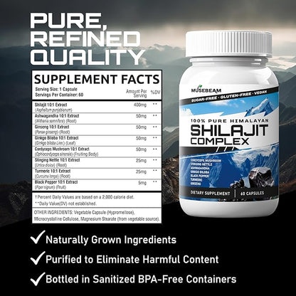 Himalayan Shilajit Capsules Men Women - Pure Himalayan Fulvic Acid Supplement Pills - Ashwagandha Turmeric Ginkgo Biloba Ginseng Cordyceps Mushroom Stinging Nettle Black Pepper