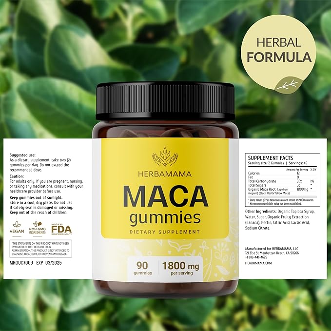 HERBAMAMA Maca Root Gummies - 1800mg Maca Root Extract for Energy Support - Vegan, Non-GMO Antioxidant Support Supplement - 90 Pectin-Based Banana-Flavored Chews