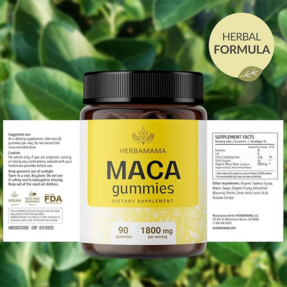 HERBAMAMA Maca Root Gummies - 1800mg Maca Root Extract for Energy Support - Vegan, Non-GMO Antioxidant Support Supplement - 90 Pectin-Based Banana-Flavored Chews