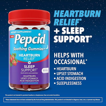 Pepcid Soothing Gummies, Heartburn Relief + Sleep Support Gummies Help Occasional Heartburn, Upset Stomach, Acid Indigestion + Sleeplessness, Calcium & Melatonin, Strawberry, 32 ct