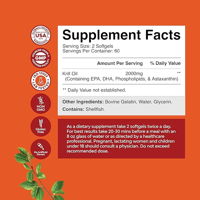 Antarctic Krill Oil 2000mg Softgels Per Serving - Omega 3 Krill Oil Supplement with EPA DHA & Astaxanthin for Brain Joint & Heart - 3rd Party Lab Tested No Gluten GMOs or Fishy Aftertaste - 2 Months