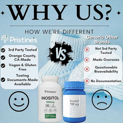 PRISTINE'S Myo Inositol PCOS Supplement Capsules - 500mg 180 Day Supply - Healthy Hormonal, Ovarian & Fertility Support Supplements - Vegan, Gluten Free, Non GMO