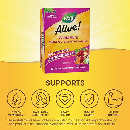Nature's Way Alive! Women’s Complete Multivitamin, Supports Energy Metabolism and Hair, Skin & Nails*, Superfood Antioxidants(1), B-Vitamins, 50 Tablets (Packaging May Vary)