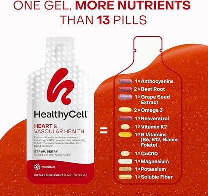 HealthyCell Heart & Vascular Health Daily Liquid Supplement - Blood Pressure & Cholesterol Support with Beet Root Powder, Resveratrol, CoQ10, Omega-3 & Vitamin K - 30 Gel Packs