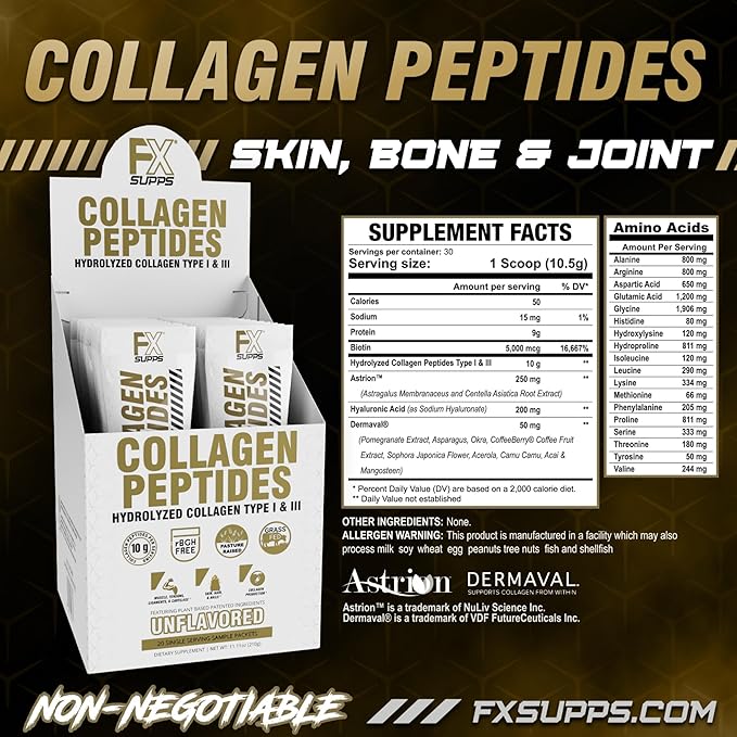 Hydrolyzed Bovine Collagen Peptides Powder Sticks – Grass-Fed Type 1 & 3 – with Biotin, Hyaluronic Acid, Dermaval® & Astrion™ – Non-GMO, Gluten-Free, Travel-Friendly