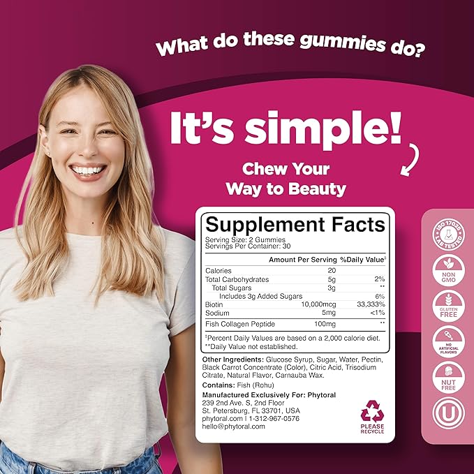 Hydrolyzed Collagen Gummies Vitamins for Adults - Hair Skin and Nails Gummies for Healthy Hair Growth Glowing Skin and Nail Care - Pure Collagen Supplement Joint Support Loss Care