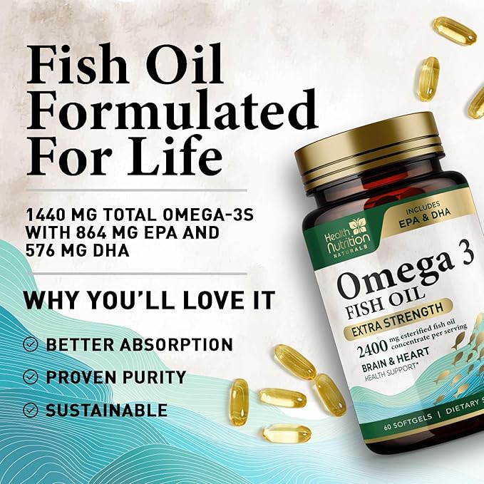 Omega 3 Fish Oil Triple Strength 1200 mg Softgels, Omega-3 Supplements, Natural Brain Heart Health & Immune Support - Fatty Acids with EPA & DHA - Wild Caught Fish Oil Supplement - 60 Softgels