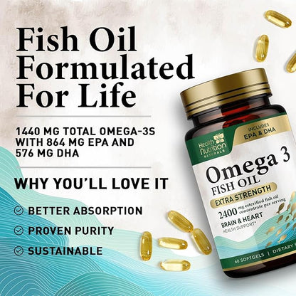 Omega 3 Fish Oil Triple Strength 1200 mg Softgels, Omega-3 Supplements, Natural Brain Heart Health & Immune Support - Fatty Acids with EPA & DHA - Wild Caught Fish Oil Supplement - 60 Softgels