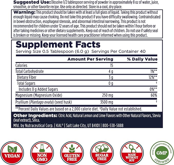KAL Cleanout Magnesium Plus Psyllium Husk Powder - Lemon Lime - Magnesium Oxide with Fiber Supplement - Regulation Support Drink Mix - No Sugar - 60-Day Guarantee, 40 Servings, 8.5 OZ