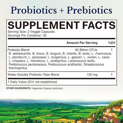 Vitalitown Probiotics + Prebiotics | 60 Billion CFUs 19 Strains | 60 Delayed Release Veg Caps | Shelf Stable, Prebiotics and Probiotics | Digestive Health, Immune Health | Vegan, Non-GMO, No Dairy