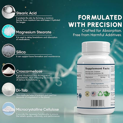 400 mg Pure Magnesium Glycinate 180 Tablets Non Buffered High Absorption Non-GMO Promotes Cardiovascular Health Supplement for Stress Relief, Sleep, Heart Health, Ease Muscles, Calm Headaches, Nerves