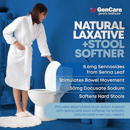 GenCare - Senna-S Natural Vegetable Laxative Plus Stool Softener Dual Action (200 Tablets) Value Pack | Gentle Dependable Overnight Relief of Occasional Constipation Generic for Senokot-S