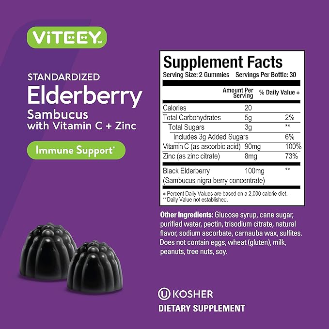 Viteey Sambucus Elderberry Gummies for Adults – Elderberry Vitamin C and Zinc Immunity Gummies - Vegan, Gluten-Free – 60 Count