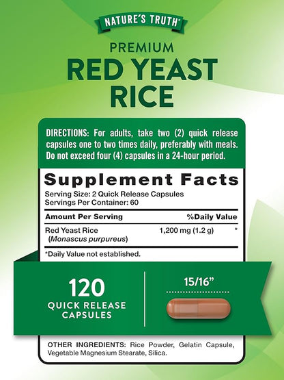 Nature's Truth Red Yeast Rice Capsules 1200 mg | 120 Count | Non-GMO & Gluten Free Supplement