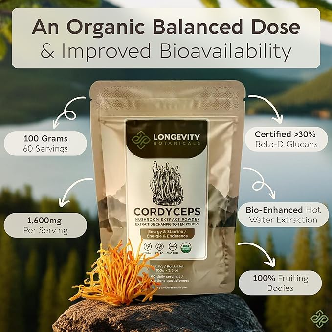 Longevity Botanicals Organic Cordyceps Mushroom Extract Powder 100g | Concentrated 10:1 Ratio | 100% Fruiting Bodies | Cordyceps Militaris Natural Supplement for Energy, Stamina & Respiratory Support