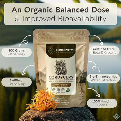 Longevity Botanicals Organic Cordyceps Mushroom Extract Powder 100g | Concentrated 10:1 Ratio | 100% Fruiting Bodies | Cordyceps Militaris Natural Supplement for Energy, Stamina & Respiratory Support