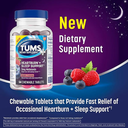 TUMS Heartburn Plus Sleep Support Chewable Dietary Supplement Tablets for Occasional Heartburn Relief Plus Sleep Support, Berry Fusion - 54 Count