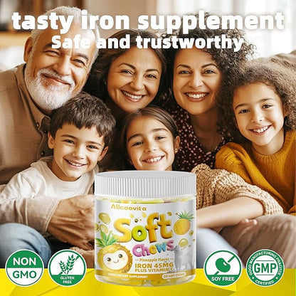 Iron Soft Chews Supplement with Vitamin C | Pineapple Flavored | Gluten Free | Iron Supplement for Women Men and Kids | 60 Count | 2 Month Supply