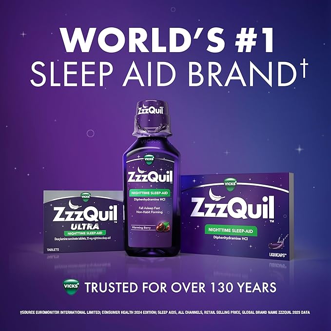 ZzzQuil, Sleep Aid, Nighttime Sleep Aid Liquid, 50 mg Diphenhydramine HCl, Fall Asleep Fast, Non-Habit Forming, Warming Berry Flavor, 12 FL OZ (Pack of 2)