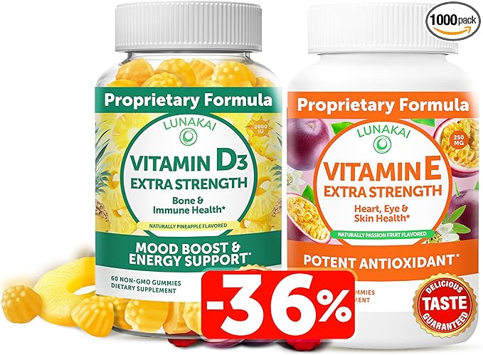 Lunakai Vitamin D3 and Vitamin E Gummies Bundle - Immunity, Bone and Mood Support Gummy - 250 mg 1000 iu Natural VIT E Plus C Supplements