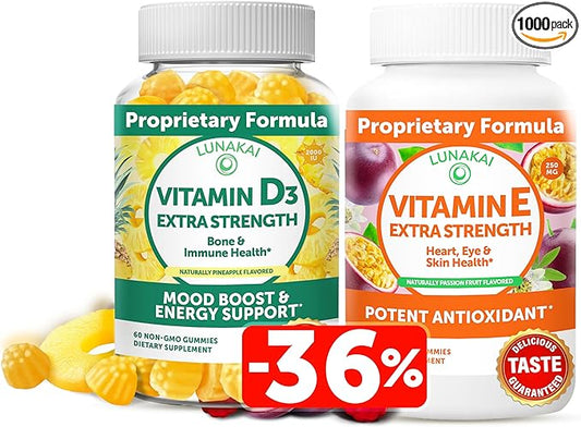 Lunakai Vitamin D3 and Vitamin E Gummies Bundle - Immunity, Bone and Mood Support Gummy - 250 mg 1000 iu Natural VIT E Plus C Supplements