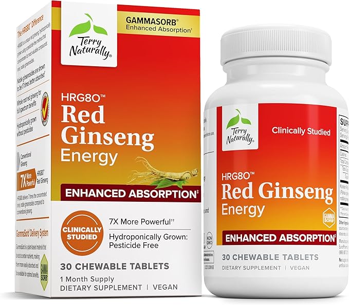 Terry Naturally HRG80 Red Ginseng Energy - Support Healthy Energy & Focus - Herbal Supplement with Korean Red Ginseng Root Powder - Vegan Tablets to Aid Healthy Endurance - 30 Chewable Tablets
