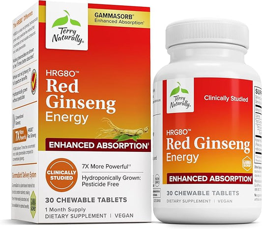 Terry Naturally HRG80 Red Ginseng Energy - Support Healthy Energy & Focus - Herbal Supplement with Korean Red Ginseng Root Powder - Vegan Tablets to Aid Healthy Endurance - 30 Chewable Tablets