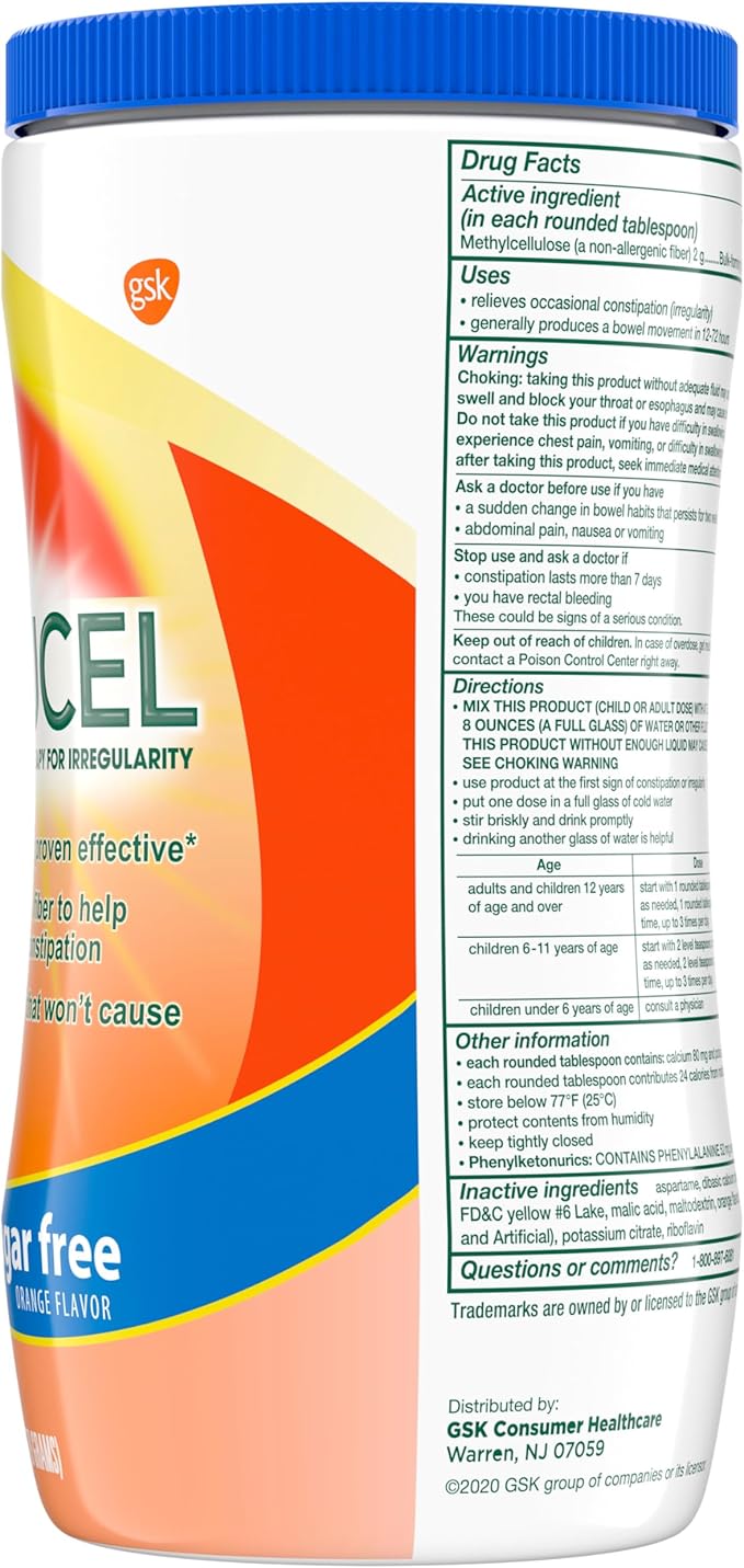 Citrucel Sugar Free Fiber Powder for Occasional Constipation Relief, Methylcellulose Fiber Powder, Orange Flavor - 16.9 Ounces