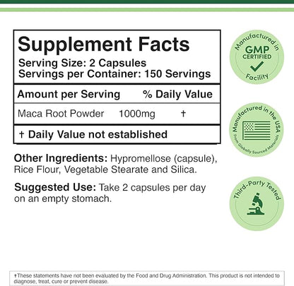 Maca Root Capsules for Women and Men, 300 Count (1,000mg of Black, Red, Yellow Maca Powder per Serving) Grown in Peru (for Energy, Performance, Motivation) by Double Wood