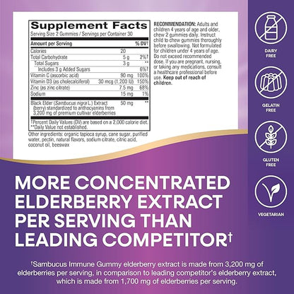 Nature’s Way Sambucus Elderberry Immune Gummies, Daily Immune Support for Kids and Adults*, with Vitamin C, Vitamin D3, Zinc, Gluten Free, Vegetarian, 60 Gummies (Packaging May Vary)