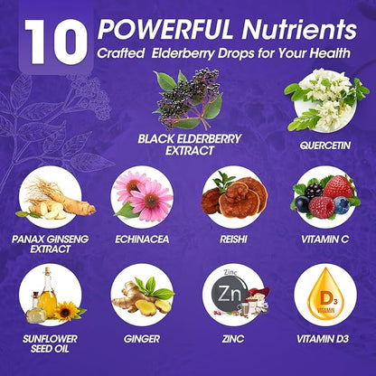 Elderberry Syrup Black Elderberry Drops with Quercetin, Panax Ginseng, Vitamin C and Zinc, Sambucus Elderberry Syrup Liquid, Vegan, Non-GMO & Gluten Free